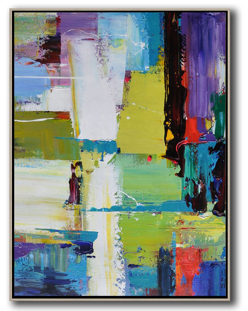 Extra Large Canvas Art,Vertical Palette Knife Contemporary Art,Abstract Art Decor,Contemporary Painting,Purple,Yellow,Grass Green,Black,Red.etc